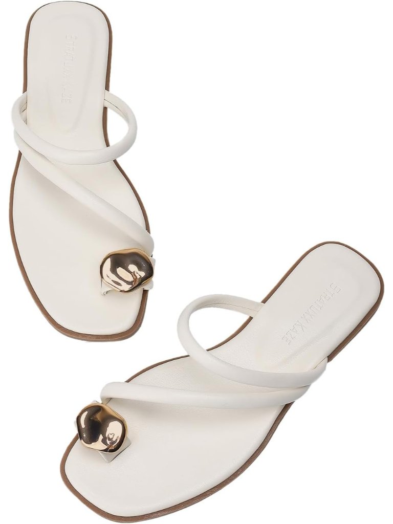 Women's Beige Toe Ring Thong Sandals With Cushioned Insole Flats For Beach Wear